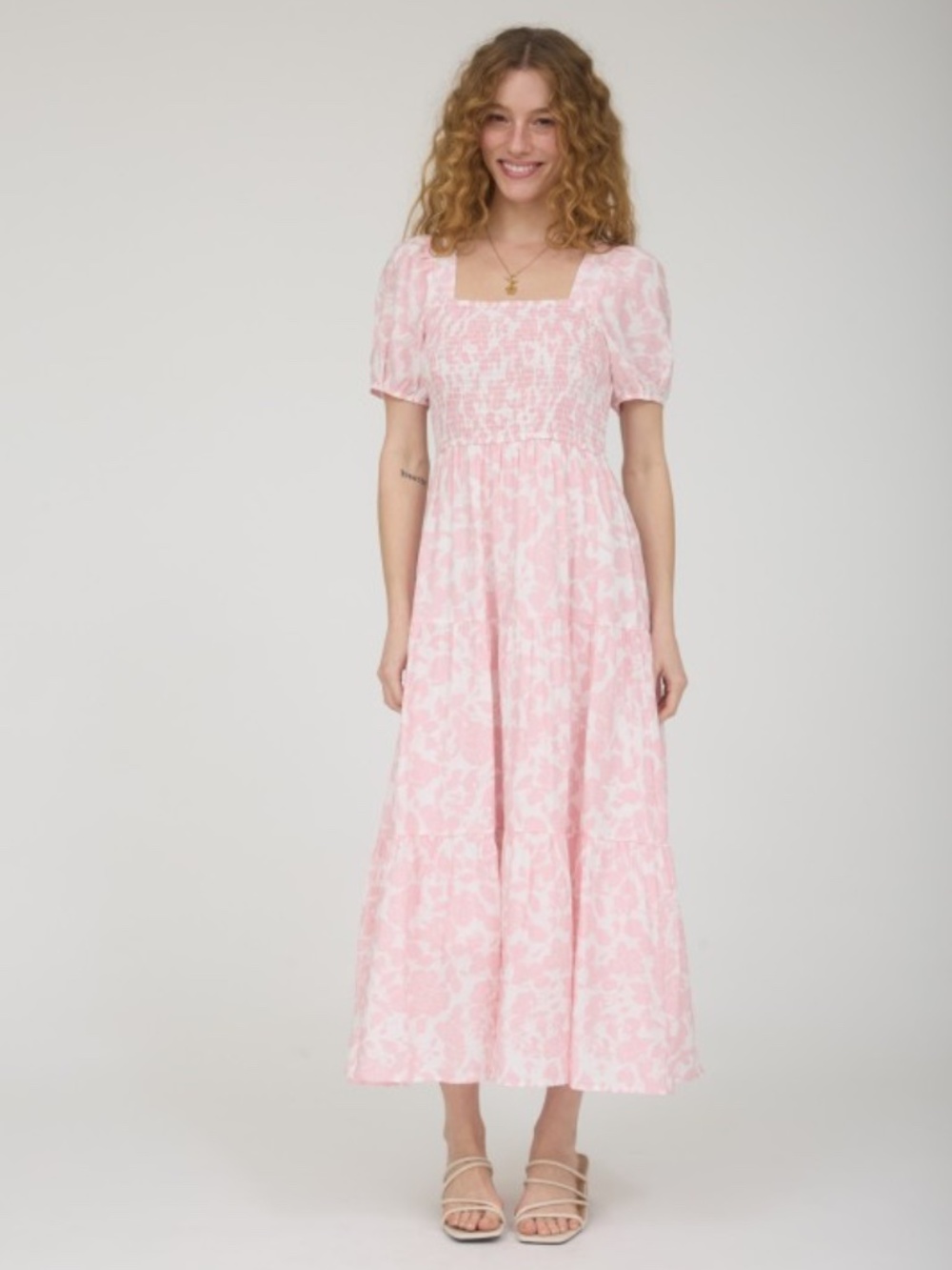 Floral Puff Sleeve Smocked Tiered Midi Dress